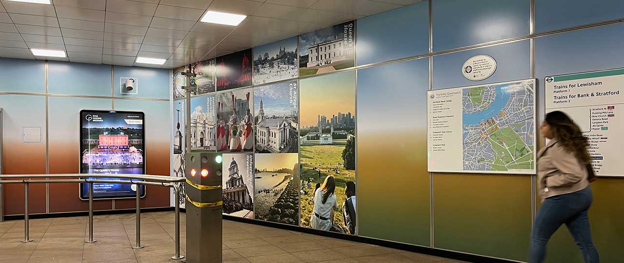 Large format vinyls at Cutty Sark DLR featuring images of the World Heritage Site 