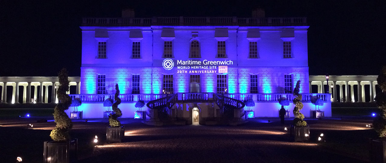 Maritime Greenwich World Heritage Site 25th anniversary logo projected on the site
